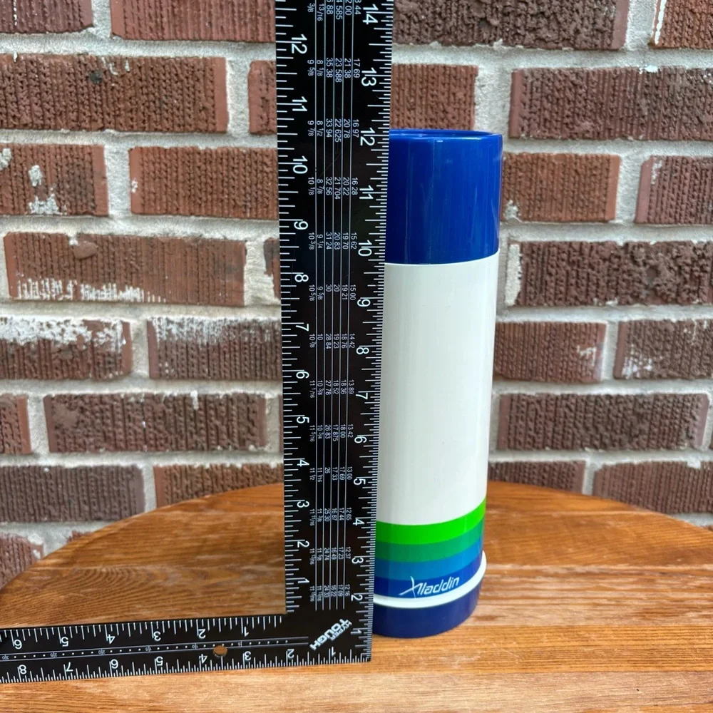 Vintage Aladdin Quart Thermos Retro Blues and Greens Stripe on Beige Stopper 12